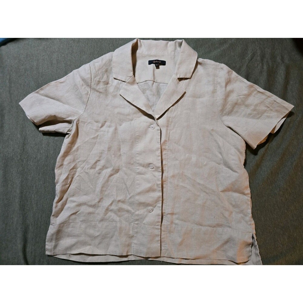 Quince 100% Organic Linen Short Sleeve Button Down Shirt XS Khaki Beige - Picture 3 of 7